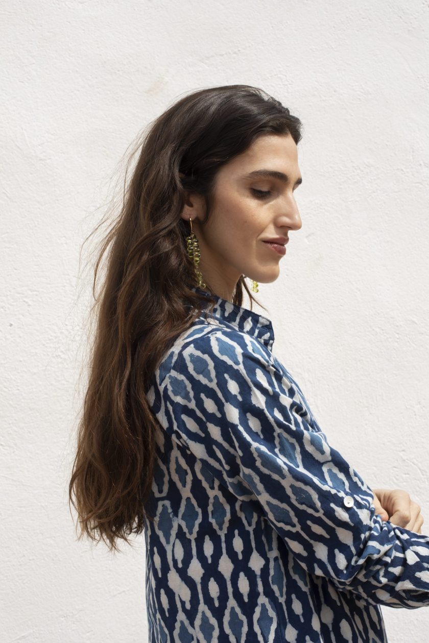 Ikat Mao Dress with Blue Belt