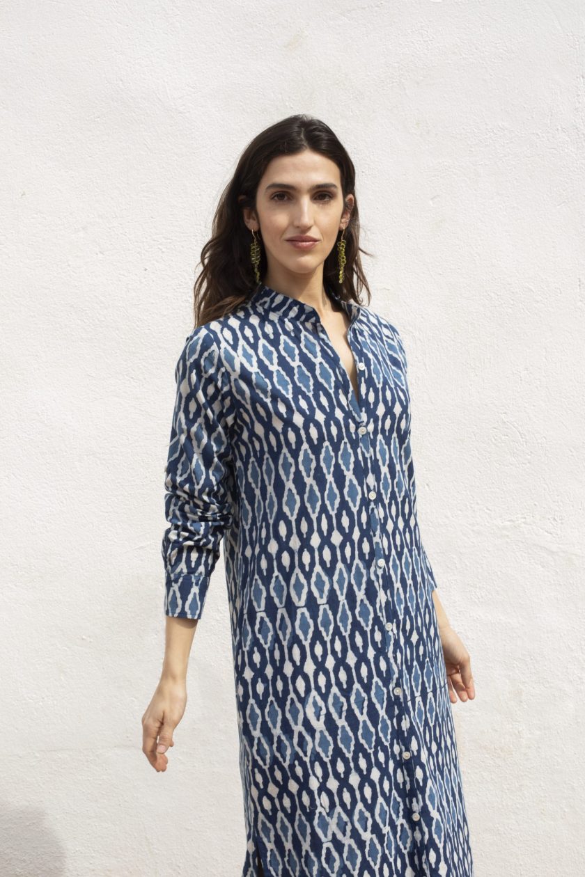 Ikat Mao Dress with Blue Belt