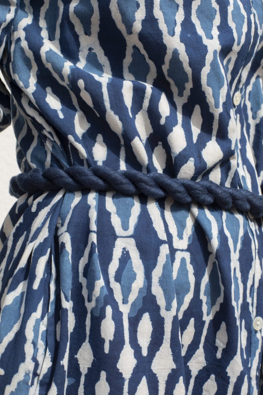 Ikat Mao Dress with Blue Belt