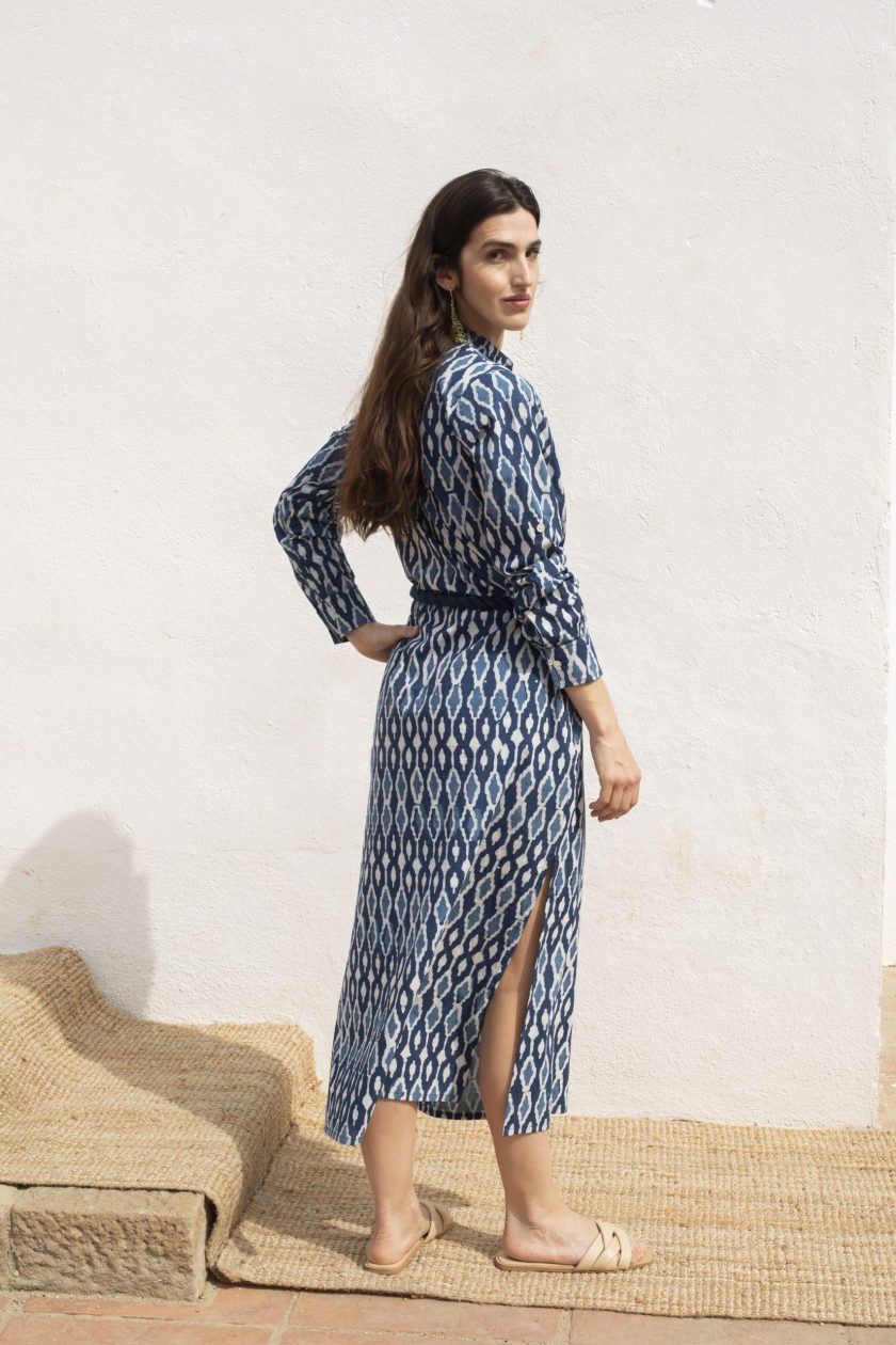 Ikat Mao Dress with Blue Belt