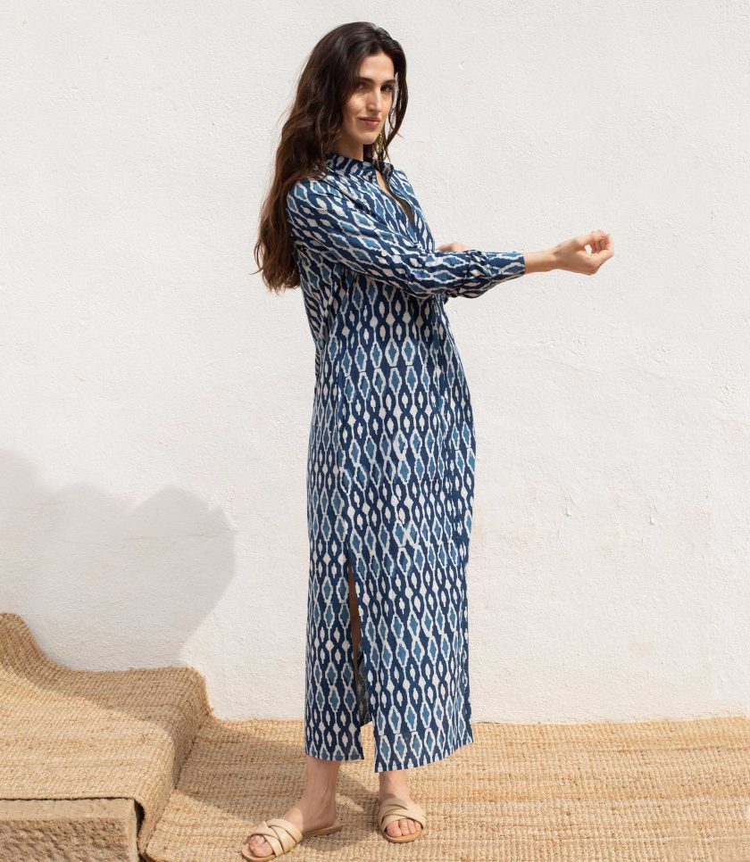 Ikat Mao Dress with Blue Belt