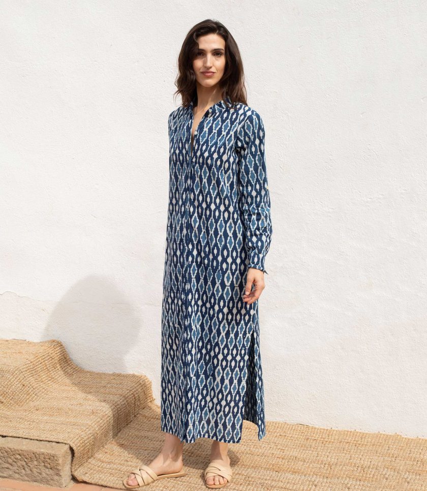 Ikat Mao Dress with Blue Belt