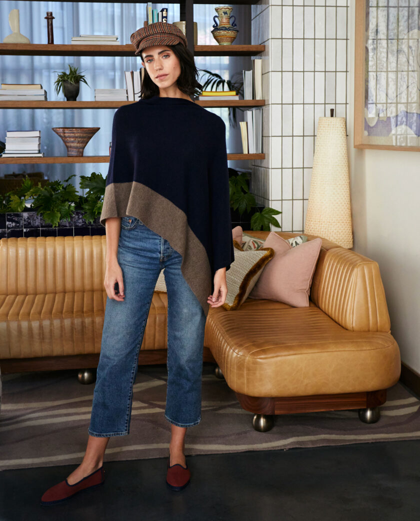Navy Blue and Brown Ava Cashmere Poncho