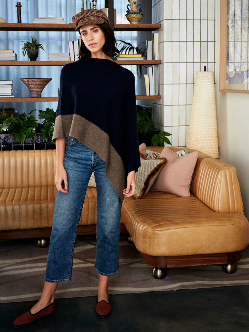 Ava Cashmere Poncho Two-tone Navy Blue and Brown