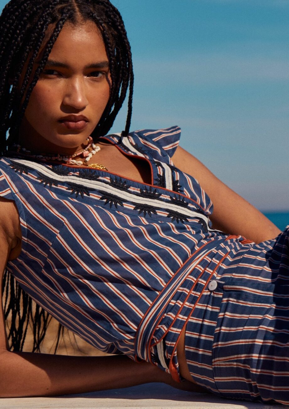 Top Stripes Azul Bordado